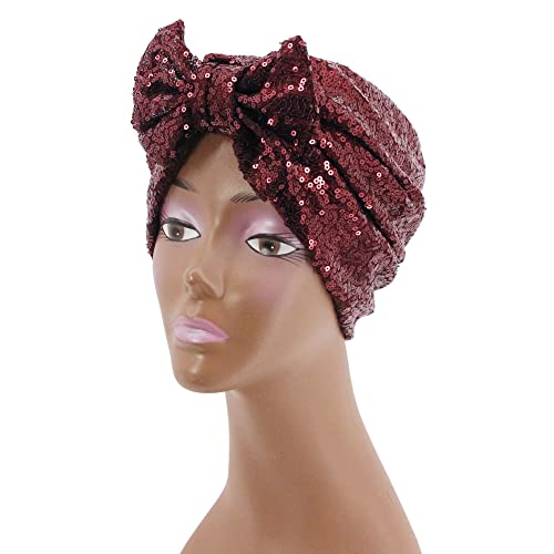 Erinaco Women Sparkle Sequin African Turban Bow Knot Pre-Tied Cap Pleated Ruffle Bonnet Beanie Hat Headwrap Skull Caps - color: Wine Red Sequin