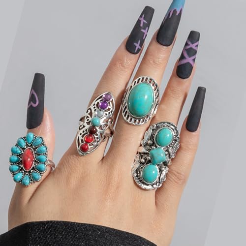 Bohemian Turquoise Ring for Women Chunky Gold Flower Statement Rings Vintage Round Turquoises Stackable Knuckle Ring Set for Women Western Jewelry - style: Silver Turquoise ring-4Pcs