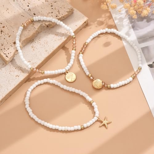 Ankle Bracelets for Women Waterproof Beach Jewelry for Women Elastic Beaded Anklets Boho Seashell Pearl Starfish Anklets for Women Foot Jewelry - style: 2 - 3 layer coin shell starfish