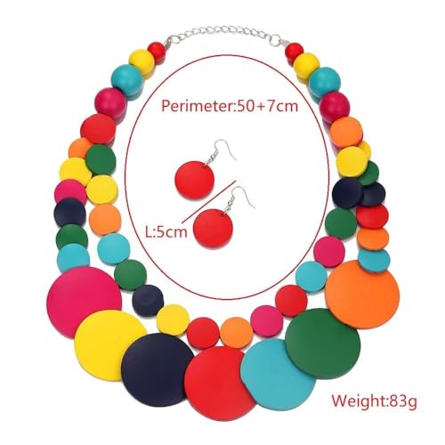 Zian Colorful Wooden Round Beaded Necklace Earrings Jewelry Set for Women Multicolor African Wood Beads Geometric Ethnic Choker Bohemian Statement Accessories - color: Colorful