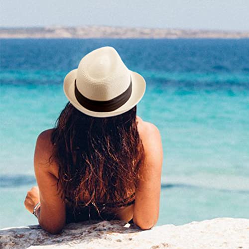 DRESHOW Women Straw Sun Hat Short Brim Panama Travel Fedora Summer Hat Roll Up Beach Cap for Women UPF 50+ - color: Ab Beige G