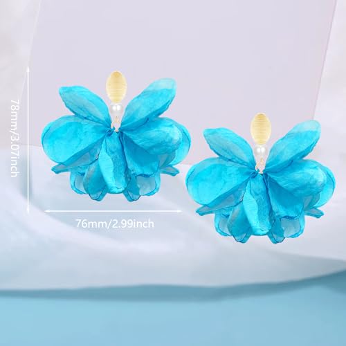Handmade Fabric Flower Petal Fringe Dangle Drop Earrings Bohemian Floral Tassel Stud Earrings For Women - color: Sky Blue