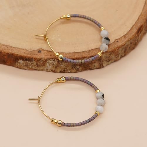 Sonateomber Gold Gemstone Beaded Hoop Earrings for Women, Boho Handmade Seed Beads Huggie Cartilage Hypoallergenic Prom Jewelry Gift