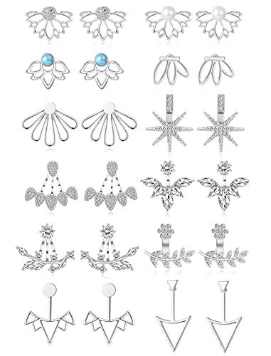 Tornito 6-12 Pairs Lotus Flower Earring Studs Chic CZ Earrings Jackets For Women Silver Rose Gold Tone - color: A:12 Pairs,Silver Tone