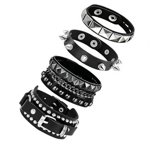 Handmade Black Leather Wrap Studded Bracelets for Women Men, 4Pcs Vintage Punk Wrist Cuff Bangle Wristband Emo Jewelry Gifts - style: Pin Buckle Style