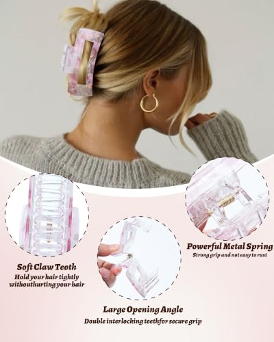 4Pcs Large Acrylic Hair Claw Clips, Nonslip Cute Hair Clips for Thick Hair and Long Hair, Rectangle Marble Claw Clips Hair Accessories for Women and Girls - color: Silver + Rose Pink + Purple + Blue