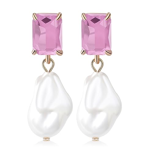 Fashion Pearl Drop Earrings for Women With Crystal - Rhinestone Statement Earrings with Pearl Dangling Studs - Large White Baroque Pearl Earrings for Bridesmaid Wedding Party Birthday Holiday - color: Pink
