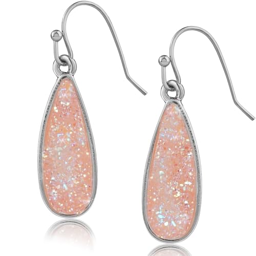 Teardrop Dangle Earrings for Women with Simulated Druzy Stones, in Gold or Rose Gold Tone - color: Silver - Created Rose Quartz