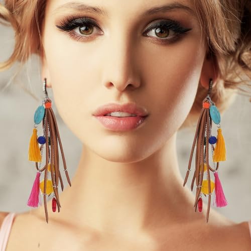 Long Bohemian Fringe Leather Earrrings Handmade Tassel Earrings with Turquoise Christmas Long Dangle Earrings for Women rodeo jewelry - color: 6