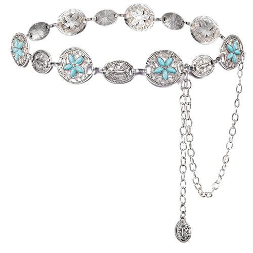 Dubulle Womens Belt Chain Leather Belts Vintage Western Adjustable Elastic Double Buckle for Cowboy Pant Dress - color: W Antique Silver