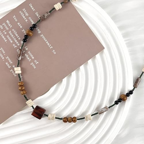 Y-Shaped Chain for Women Irregular Y2k Bead Leaf Retro Forest Green Necklace Versatile Vacation Style