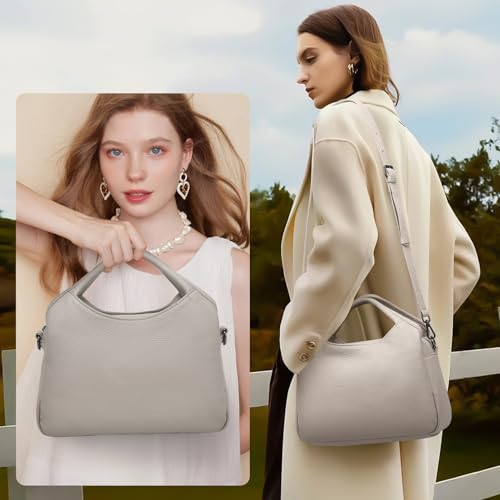 KOGTLA Medium Genuine Leather Purses for Women with Detachable Satchel Strap, Ladies Soft Handbags, Tote Hobo Bags - color: Beige White