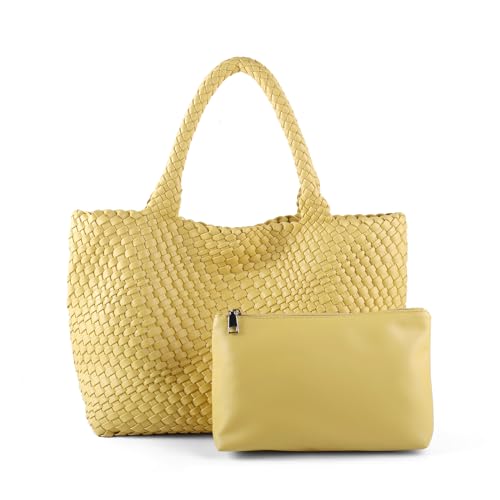 Woven Tote Bag Womens Purse Vegan Leather Shoulder Handbags Fashion Summer Beach Tote Bags Large Travel Totes - color: Yellow