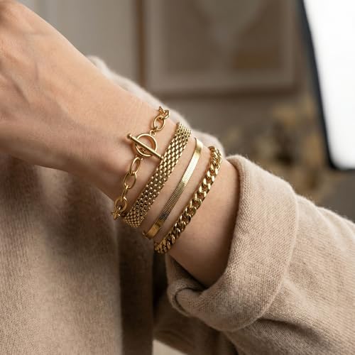 RINHOO Gold Chain Bracelets Set for Women - Trendy Paperclip Snake Link Layered Bracelets 18K Gold Plated Stainless Steel Stackable Wrist Jewelry Aesthetic Preppy Gifts - style: Gold-Style 1