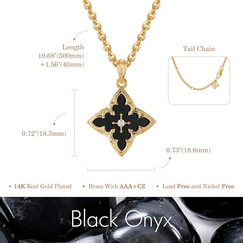 Fettero Gold Clover Necklace for Women Dainty 14K Gold Plated CZ Pendant Necklace Adjustable Chain Choker Charm Colorful Clover Pendant Lucky Necklaces for Women Jewelry - color: Black Onyx