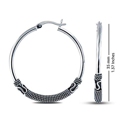 Charmsy 925 Sterling Silver Oxidized Balinese Hoop Earrings for Women | Lightweight Click Top Antique Oxidized Balinese Hoops Earring | Sise 30-60mm - color: Bali Hoop-35MM/1.37"