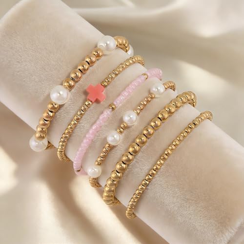 VIBILIA Gold Beaded Bracelets Set for Women 14K Gold Plated Dainty Pearl Cross Bracelet Stack Stretch Bracelet Set Fashion Accessories Gifts - color: 6P-#04-6462-Pink