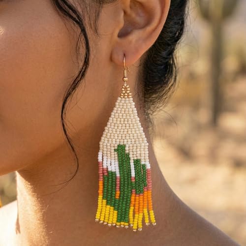 Flower Black Beaded Long Tassel Western Native American Earrings For Women Dangling - color: zactus