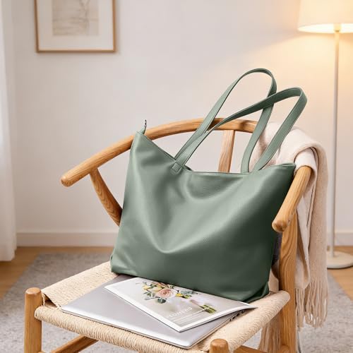 WLLWOO Soft Vegan Leather Tote Bag for Women Large Casual Hobo Handbags Zipper Shoulder Work Daily Weekender Travel Purse - color: Grey Green