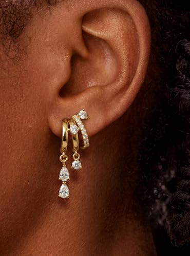 Triple Huggie Stacked Earrings for Women Gold Chain Drop Dangle Earrings Cute Statement CZ Earrings Trendy Dainty Jewelry Gift - color: Gold 6