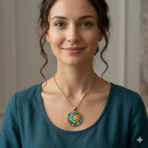 1pc Stunning Round Pendant Necklace - Unique Sun & Moon Pattern, Oil Painting Style Glass Mosaic, Alloy Construction, Trendy Sweater Chain, Fashionable Gift for Women - Christmas or Birthday Gift - color: Orange Sun/Blue Moon (Bronze)