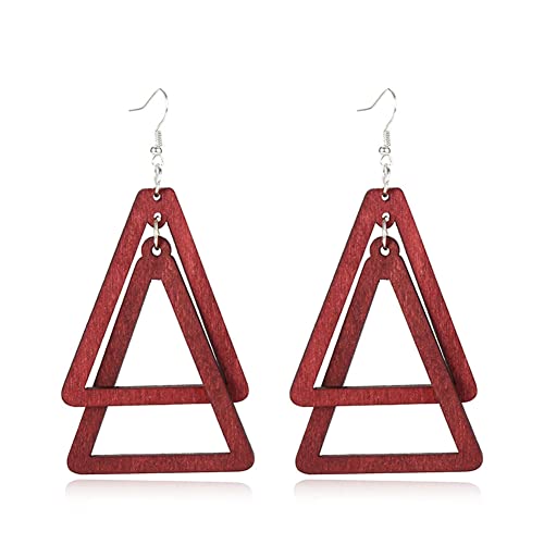 ANXIN Boho Personality Retro Tassel Rectangular Wooden Contrasting colors Earrings Chic Green Temperament Geometric Earrings Jewelry Gifts For Women - color: Jiu red Wooden Earrings