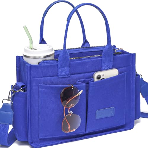 ZHMO Canvas Tote Bag for Women,Women's Bags Crossbody Bags Work Laptop Tote Bag Large Handbags Purse for Travel Nurse Teacher - color: New Upgrade Navy Blue With Compartments and Side Cup Holders