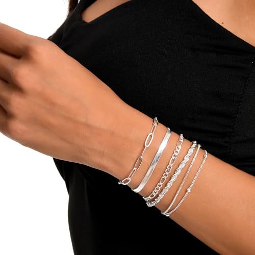 Dainty Gold Bracelets for Women, 14K Gold Plated Stackable Bracelet Set, Adjustable Beaded Cuban Paperclip Herringbone Figaro Snake Rope Chain Jewelry - style: Set6 Silver 6Pcs