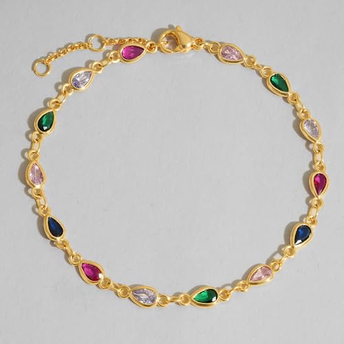 Dremmy Studios Gold Bracelet for Women 18K Gold Plated Dainty Paperclip Cubic Zirconia Disc Coin Star Cable Satellite Bead Pearl Simple Boho Minimalist Stacking Layered Link Jewelry Gift - color: CZ Rainbow