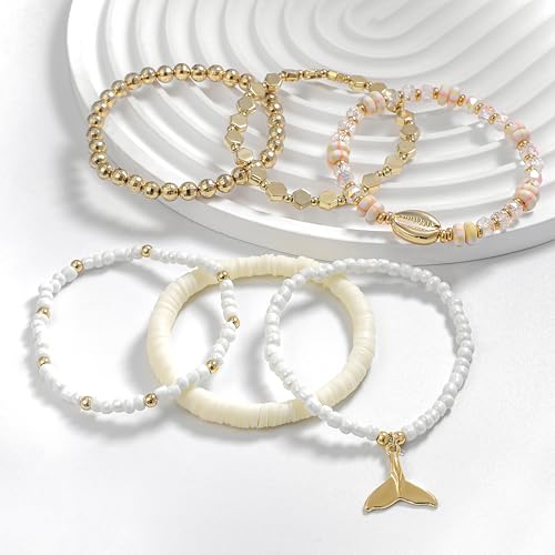 Shell Bracelet Seashell Boho Beaded Stretch Bracelets for Women Summer Beach Bracelets Starfish Charm Bracelet Stackable Gold Plated Bracelets Set for Women - color: k-shell 6pcs set
