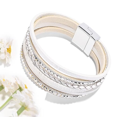 VIBILIA Boho Leather Wrap Bracelets for Women Multi-Layer Bracelets with Strong Clasp Jewelry for Women - color: 03-BohoBraid-White
