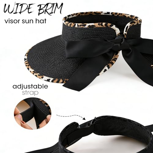 Women's Sun Visor Hats Wide Brim Beach Hat Straw Ponytail Visor Packable Foldable UPF 50+ Floppy Travel Hats - color: Black02