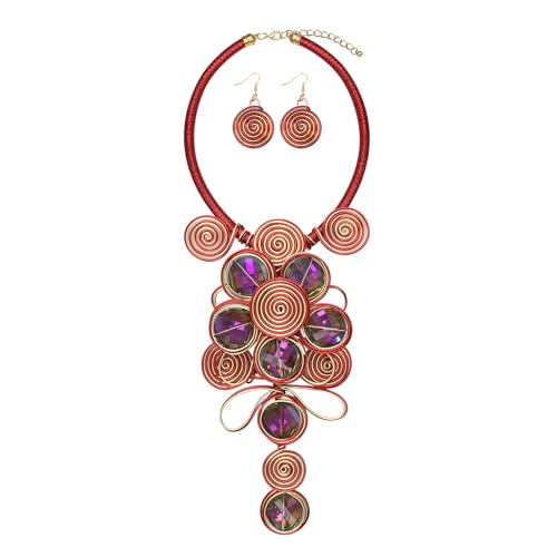 Statement African Necklace For Women African Jewelry Costume Earring Sets Tribal Fashion Colorful Big Rhinestone Crystal Pendent Collar Choker Bold Chunky Bib Handmade - color: D red