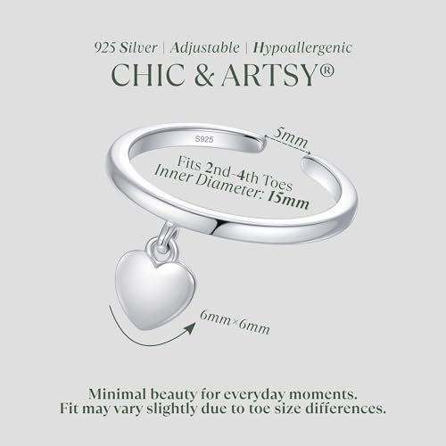 CHIC & ARTSY 925 Sterling Silver Open Toe Ring for Women - Lightweight Comfortable Yoga Toe Rings, Adjustable Stackable Toe Rings, Boho Coastal Vacation Beach Foot Jewellery - color: Heart