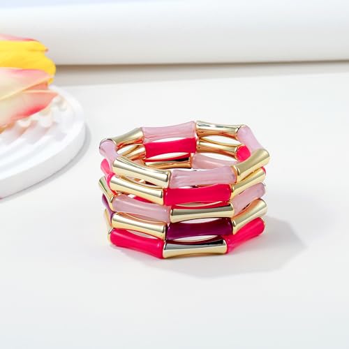 Gold Tube Bangle Bracelets for Women Stackable Bamboo Chunky Acrylic Beads Stretch Friendship Summer Beach Bracelet Jewelry - color: Colorful 01