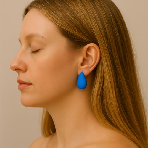 14K Gold Clip On Earrings Women,Teardrop Chunky Detachable Hoop Clip-On Earrings for Non Pierced Ears Hypoallergenic Lightweight Earring Clips - color: Blue