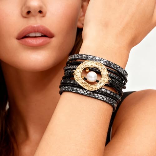 Long tiantian Boho Leather Wrap Bracelets Western Bracelets for Women Stackable Starfish Crystal Pearl Turquoise Leather Bracelet With Clasp Jewelry Gifts Boho Dresses - color: C5:black leather bracelet
