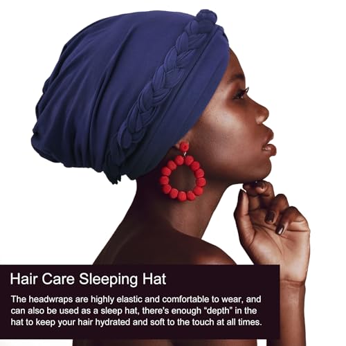 DRESHOW Turban Pre-Tied Twisted Hat Thread African Head Wraps for Black Women Chemo Cancer Cap Braid Hair Cover - color: 1 Pack Twisted Braid Hat: Navy Blue