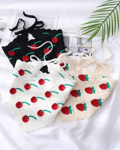 AWAYTR Crochet Head Scarf Hair Bandanas Women Knit Bandana Headband Scarf Tie-Back Head Coverings Floral Headscarf - color: Black Cherry + White Cherry + White Strawberry