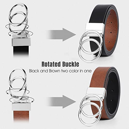 JASGOOD Women Leather Belt,Reversible Belt,Leather Waist Belt for Jeans Dress with Gold Double O Ring Rotate Buckle - color: B-black+brown(silver Buckle), size: Length 41":Fit Size 32"-36"