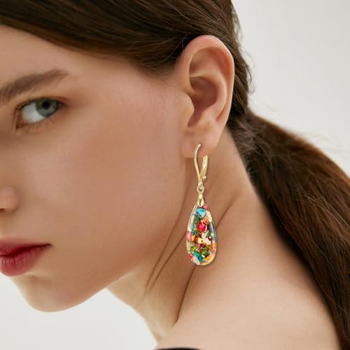 XGALBLA Boho Long Teardrop Stone Dangle Drop Earrings for Women Natural Healing Stone Leverback Earrings Statement Gold Tone - color: Colorful- Golden Leverback