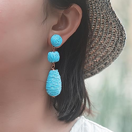 Boho Raffia Earrings Statement Dangle Earrings Cute Teardrop Ball Earrings Colorful Summer Jewelry Handmade Rattan Earrings for Women - color: Blue