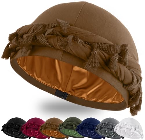 Ababalaya Adjustable Satin Lined Halo Turban Durag for Men &Women Twisted Tassel Head Wraps - color: Khaki