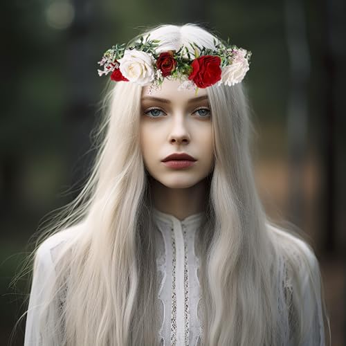 Vivivalue Bridal Flower Crown Rose Flower Headband Hair Wreath Floral Headpiece Halo Boho with Ribbon Wedding Party Festival Photos - color: C