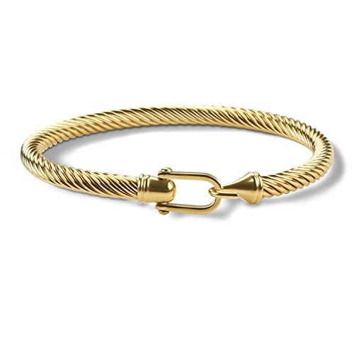 Twisted Cable Bracelet Stylish Fine Stainless Steel Cable Cuff Bracelet with Hook Clasp Bracelets Jewelry for Women - color: 18K Gold （7.6"）