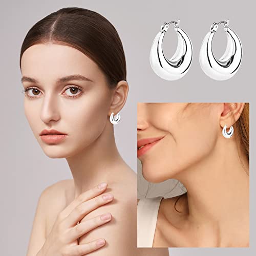 HILXURY Gold Chunky Hoop Earrings Set for Women, 14K Gold Plated Twisted Huggie Hoop Earring Hypoallergenic, Thick Open Hoops Set Lightweight - color: 3 silver hoops chunky