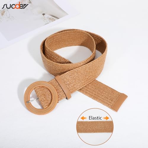 SUOSDEY 2 Pack Straw Woven Elastic Belt Braided Stretch Wide Boho Rattan Waist Belt for Women Dresses - color: 05-brown+white, size: Fit Waist up to 40''