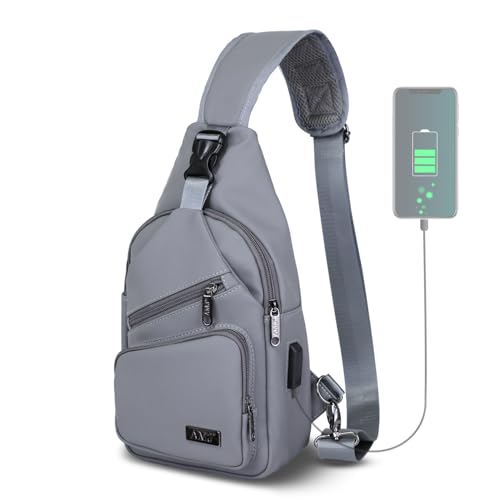 AMJ Crossbody Sling Bag Men Women, Casual Shoulder Backpack, Chest Daypack Satchel for Hiking Travel - color: Leather Grey, size: Large