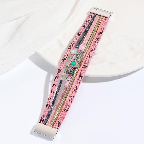 Long tiantian Boho Leather Wrap Bracelets Western Bracelets for Women Stackable Starfish Crystal Pearl Turquoise Leather Bracelet With Clasp Jewelry Gifts Boho Dresses - color: A7:Pink Bracelet