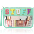 BuyCard Clear Stuff Bag for Travel, Preppy Chenille Letter Embroidered Zipper Pouch, Waterproof PVC & PU Leather Clear Cosmetic Bag, Toiletry Makeup Bag for Women Girls Mint Green - color: Green-Stuff